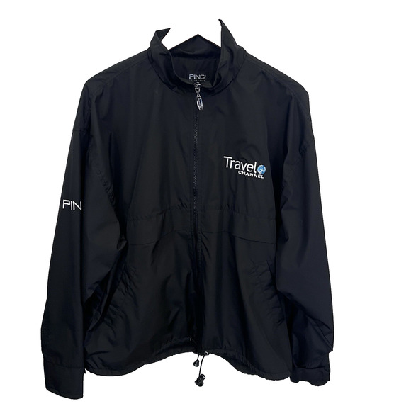 Travel Channel Black Full Zip Windbreaker Jacket Men's Medium Ping Packable EUC - Picture 1 of 12